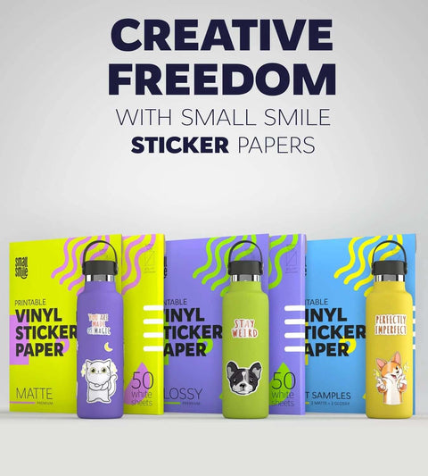 Premium printable vinyl sticker paper packs in neon yellow, purple and blue boxes for 8.5 x 11 sheets (white glossy).