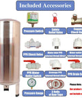 Image of included accessories for Heavy Hitter Stainless Steel Water Storage Tank 105 Gallon, including valves and pressure gauge.