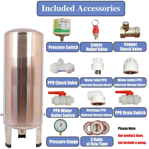 Image of included accessories for Heavy Hitter Stainless Steel Water Storage Tank 105 Gallon, including valves and pressure gauge.