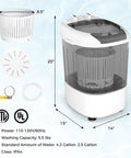 Compact Portable Washing Machine With Separate Spin Tub And Quick Drain Hose, 5.5 Lb Mini Laundry Washer For Apartments Dorms And RV Homes, Grey with dimensions and features.
