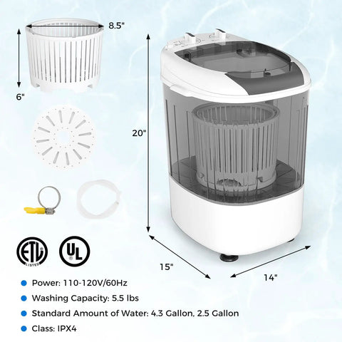Compact Portable Washing Machine With Separate Spin Tub And Quick Drain Hose, 5.5 Lb Mini Laundry Washer For Apartments Dorms And RV Homes, Grey with dimensions and features.