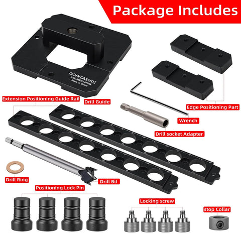 Package includes Portable Drill Guide For Three Quarter Inch Workbench Dog Holes Pro Grade Drill Template with accessories.