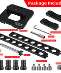 Go-To Precision 20mm Bench Dog Hole Drill Guide And Template with guide rail, drill bits, edge positioning parts, and accessories.