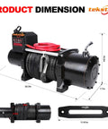 Beast 20,000 Lbs Heavy Duty Electric Winch 12V DC IP68 Waterproof displayed with dimensions and synthetic rope