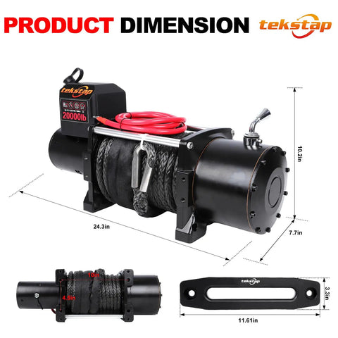 Beast 20,000 Lbs Heavy Duty Electric Winch 12V DC IP68 Waterproof displayed with dimensions and synthetic rope
