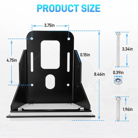Beefed Up Transom Mount Kit For Trolling Motors Clamp On Mount Fits Most 3HP Motors Up To 70 Lbs Thrust Flat Stem Kayaks And Small Boats Freshwater And Saltwater Black, showing size dimensions and bracket details.