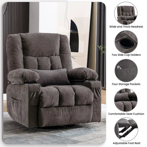 Oversized Recliner Chair For Adults With Vibration Massage And Lumbar Heating Swivel Rocker Recliner With Cup Holder And USB