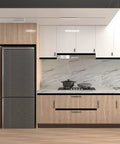 Modern kitchen with wood and white cabinets featuring 10 Pack 5 Inch Center Hole Black And Gold Cabinet Pulls 7.5 Inch Overall Length.