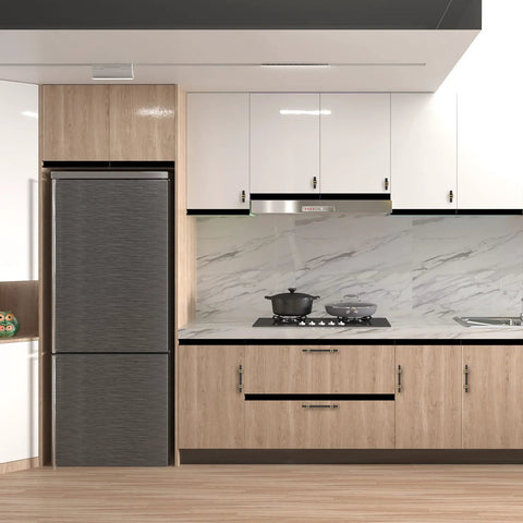 Modern kitchen with wood and white cabinets featuring 10 Pack 5 Inch Center Hole Black And Gold Cabinet Pulls 7.5 Inch Overall Length.
