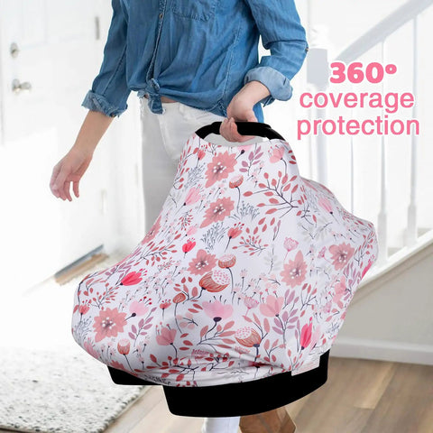 All In One Baby Car Seat Cover Nursing Shield For Boys And Girls Stretchy Soft Infant Canopy in floral pattern on car seat