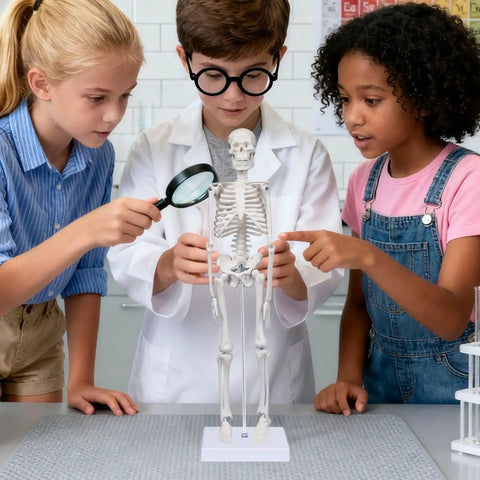Children examining 17.7 Inch Hands On Human Skeleton Model For Anatomy With Movable Shoulders Elbows Wrists Knees Ankles Articulated Bone