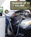 Heavy Duty Electric Fuel Pump Shuttles Diesel And Gasoline Hella Fast From 55 To 275 Gallon Drums Or Ibc Totes With Zero Sweat Flow Control And Cold Resistant Hose in use transferring fuel.