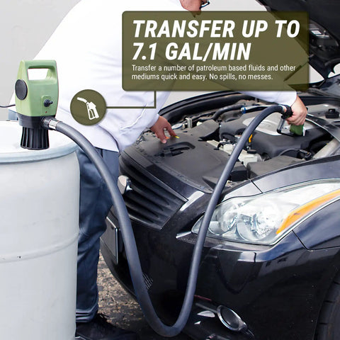 Heavy Duty Electric Fuel Pump Shuttles Diesel And Gasoline Hella Fast From 55 To 275 Gallon Drums Or Ibc Totes With Zero Sweat Flow Control And Cold Resistant Hose in use transferring fuel.