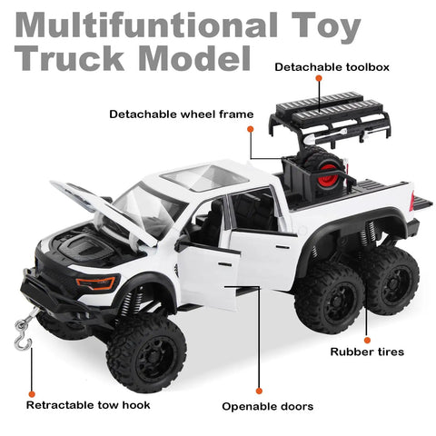 Tough As Nails 1 To 24 Diecast Off Road Pickup Toy Truck With Light And Sound showing detachable toolbox, tow hook, wheel frame.