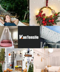 Collage of various outdoor and indoor setup ideas, including hammock, hanging chair, holiday wreath, and sunshade canopy.