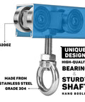 Beefy Heavy Duty 4 Wheels Trolley Roller Set For One Five Eighths Inch Wide Unistrut Channel shown with steel M10 bolt eye nut
