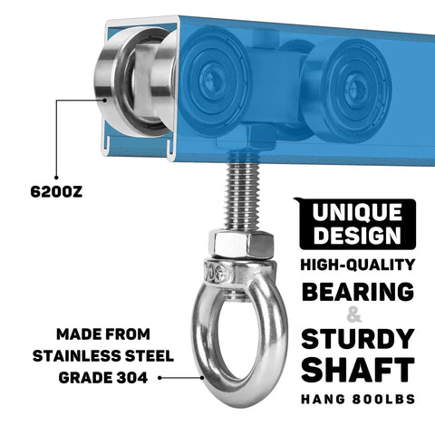 Beefy Heavy Duty 4 Wheels Trolley Roller Set For One Five Eighths Inch Wide Unistrut Channel shown with steel M10 bolt eye nut