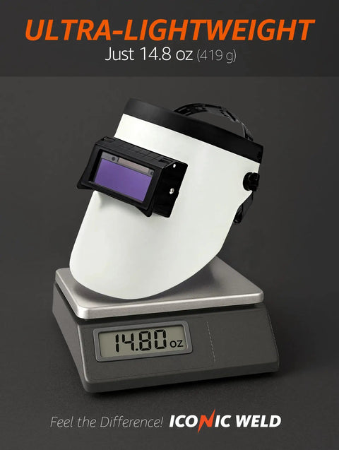 Auto Darkening Welding Helmet With Flip Up Lens, Ultra Lightweight 14.8 oz, Displayed on Scale, White Safety Gear