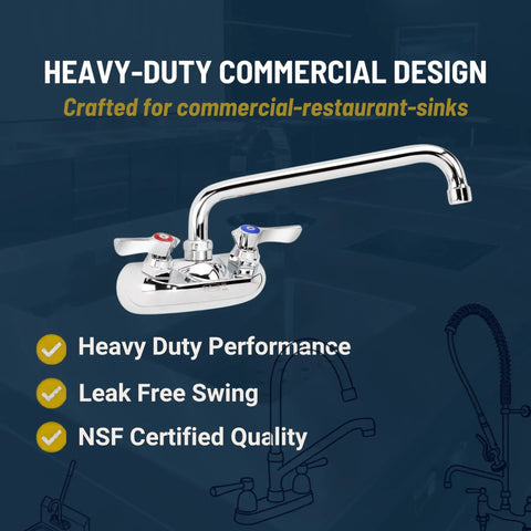 Heavy Duty Wall Mount Kitchen Faucet With A 10 Inch Swing Spout And 4 Inch Center Mount, 1/2 Inch NPS Inlets, Chrome Finish, NSF Certified