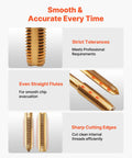 Beefy Titanium Coated Steel Tap And Die Set showcasing tap with strict tolerances, even flutes, and sharp cutting edges.