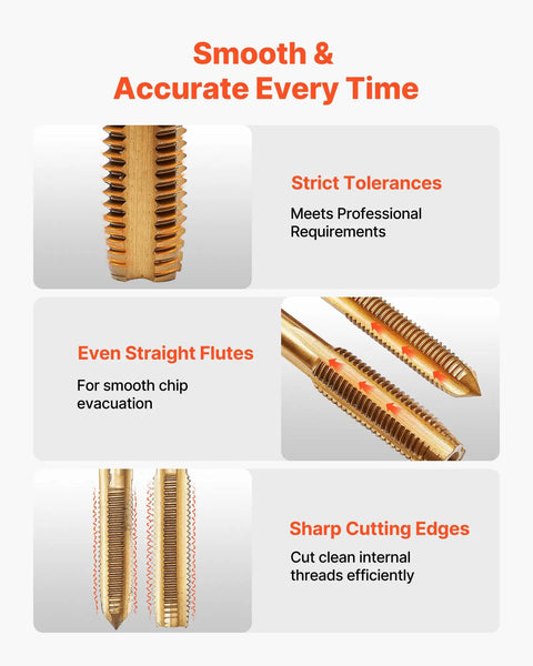 Beefy Titanium Coated Steel Tap And Die Set showcasing tap with strict tolerances, even flutes, and sharp cutting edges.