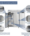 72 Inch Wide Commercial Refrigerator And Freezer Combo Three Doors showing stainless steel interior and sturdy construction details.