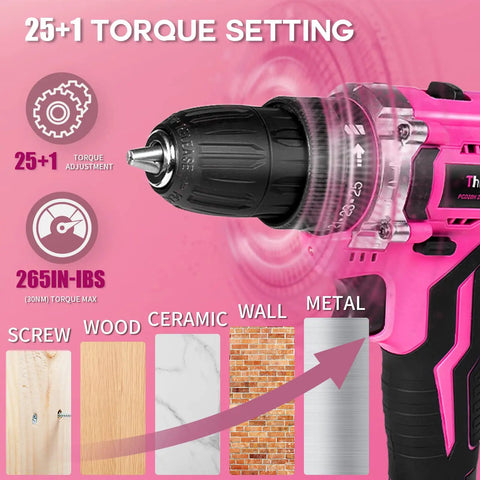 Close-up of Pink 20V Cordless Drill Set With Drill Brush, Bit Kit, Three Eighths Inch Keyless Chuck, showing 25 plus 1 torque settings.