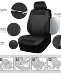 Universal Car Seat Covers Full Set With Front And Split Rear Bench, 3D Tire Embossed Interior Covers, Airbag Compatible, Charcoal