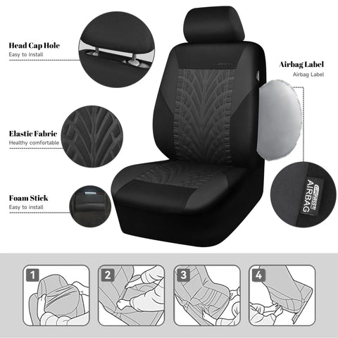 Universal Car Seat Covers Full Set With Front And Split Rear Bench, 3D Tire Embossed Interior Covers, Airbag Compatible, Charcoal