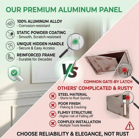 Comparative features of Solid As A Rock Heavy Duty Drywall Access Panel Cover Plate showcasing aluminum vs. steel material benefits.