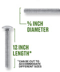 Galvanized Carriage Bolt Set Five Eighths Inch by Twelve Inches, 25 Count, showing dimensions and semi-flush round head design