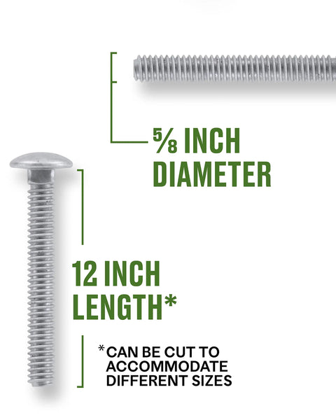 Galvanized Carriage Bolt Set Five Eighths Inch by Twelve Inches, 25 Count, showing dimensions and semi-flush round head design
