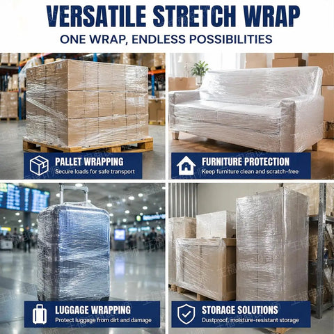 Pro Level Mini Stretch Wrap With No Sweat Handle 5 Inch By 1000 Feet 80 Gauge Cast Film 8 Pack used for furniture and pallet wrapping.