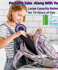 Girl placing Roll Up Electronic Drum Pad Kit into backpack, highlighting portability, 10-hour battery life displayed, for home and travel.