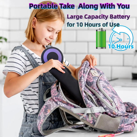 Girl placing Roll Up Electronic Drum Pad Kit into backpack, highlighting portability, 10-hour battery life displayed, for home and travel.