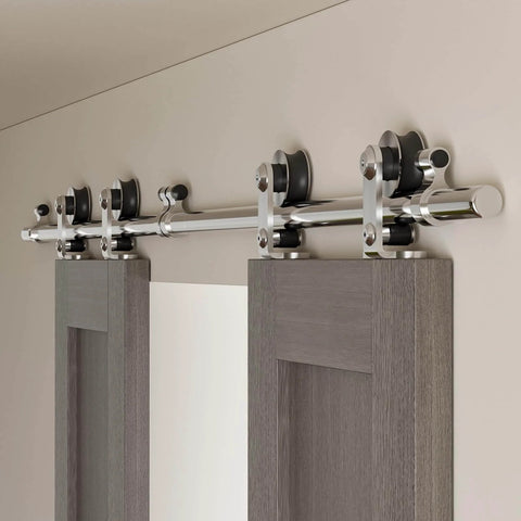 8 Foot Stainless Steel Sliding Barn Door Hardware Kit For Double Doors Built To Last Heavy Duty Smooth Quiet Track System with Gcr15 Rollers