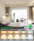 Living room showcasing zouzai 3 Inch LED Recessed Lights Anti-Glare, 5CCT, Dimmable, White 4 Pack with various color temperatures.