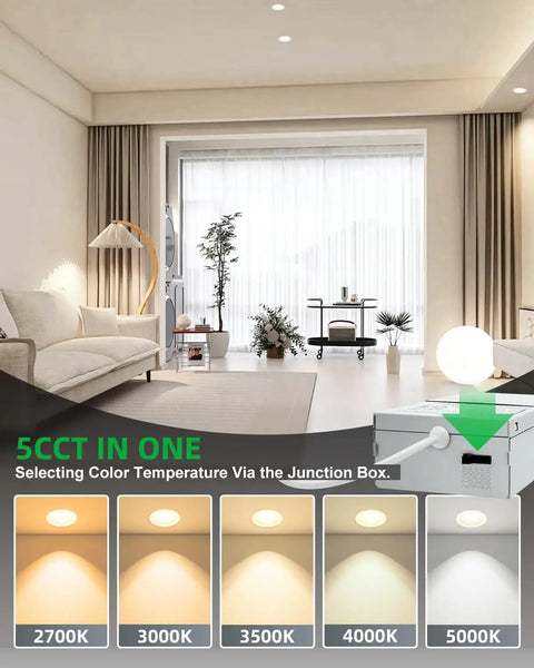 Living room showcasing zouzai 3 Inch LED Recessed Lights Anti-Glare, 5CCT, Dimmable, White 4 Pack with various color temperatures.