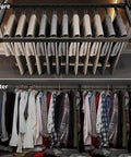 Before and after image showing the Expandable Trouser Rack With Silent Glide Rails And Drawer Pants Hanger System organizing pants and shirts.
