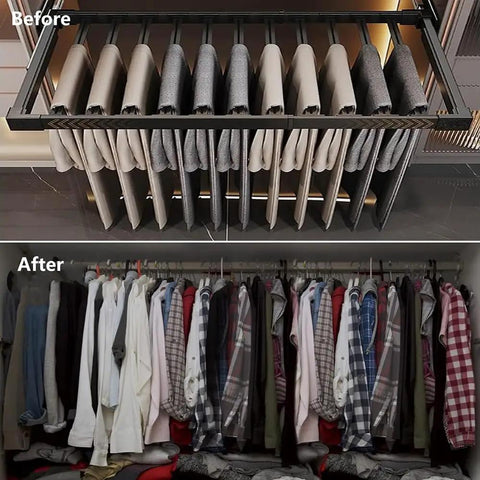 Before and after image showing the Expandable Trouser Rack With Silent Glide Rails And Drawer Pants Hanger System organizing pants and shirts.