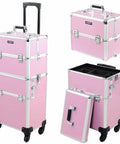 2 In 1 Rolling Makeup Case For Travel And Studio, Aluminum Frame Cosmetic Train Case with lockable latches and detachable compartments