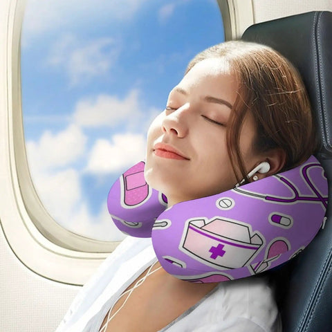Woman using Nurse Pattern Purple U Shape Memory Foam Neck Pillow Travel Pillow For Airplane Car And Home Office Sleeping Super Lightweight Portable Headrest For Super Comfy Neck Support