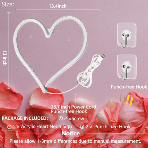 Pink Heart Neon Sign LED Light Up Wall Decor For Bedroom And Valentines Day Romance, shown with USB and hooks package