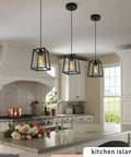 Black Modern Industrial Farmhouse 3-Light Ceiling Chandelier for Kitchen Dining with open geometric frames in a bright kitchen.