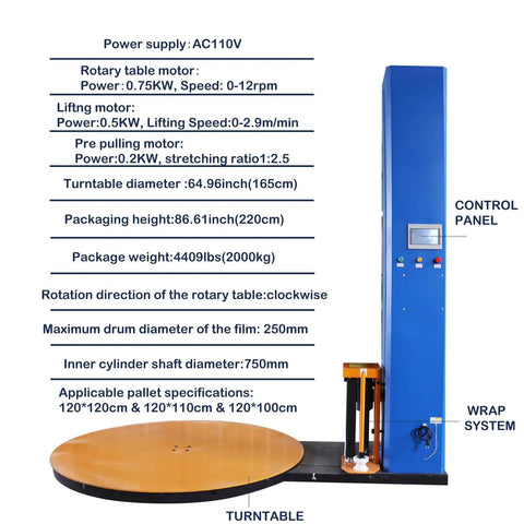 Heavy Duty Pallet Wrapping Machine 4409 Lbs Load Capacity Smooth 64 Inch Turntable with control panel and lift system.
