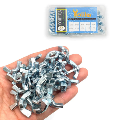 Hand holding Wing Nut Kit 38 Pieces in 5 Sizes 5/32 3/16 1/4 5/16 3/8 Carbon Steel Zinc Plated Butterfly Fasteners with packaging above