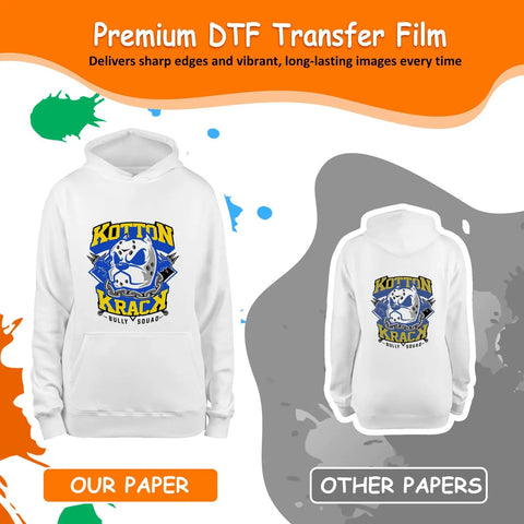 White hoodie with vibrant print showcasing DTF Transfer Film Paper A4 20 Sheets Premium PET Direct To Film for cotton polyester fabrics
