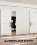 Premium 36X84 Inch 5 Panel Concealed Sliding Barn Door With Hassle Free Smooth Glide Track And Slam Free Soft Close Hardware Ready To Paint White Primed Solid Core, shown sliding open in modern room.