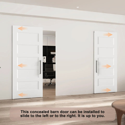 Premium 36X84 Inch 5 Panel Concealed Sliding Barn Door With Hassle Free Smooth Glide Track And Slam Free Soft Close Hardware Ready To Paint White Primed Solid Core, shown sliding open in modern room.