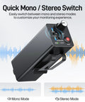 Wired In-Ear Monitor Amplifier With XLR And TRS Inputs showing mono and stereo switch with soundwave graphics